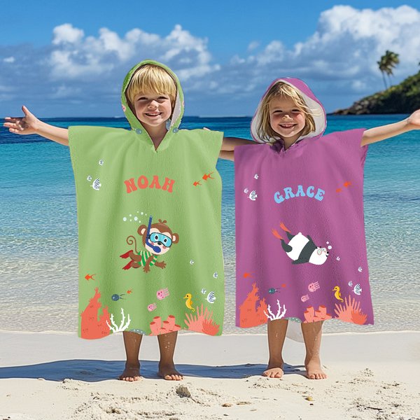 Serviette de Plage à Capuche Douce Personnalisée avec Nom Motif d'Animaux Accessoire à Séchage Rapide Cadeau Anniversaire pour Enfant