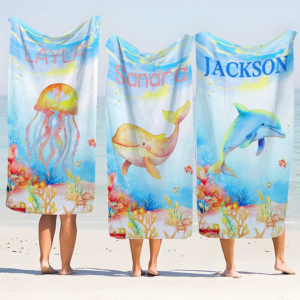 Serviette de Plage Surdimensionnée Personnalisée avec Nom Motif d'Animal Marin Accessoire Séchage Rapide Cadeau Anniversaire pour Enfant