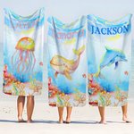 Personalized Cute Dolphin Jellyfish Marine Animals Quick Dry Oversized Beach Towel with Name Summer Vacation Accessory Birthday Gift for Kids