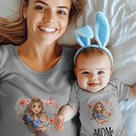 Personalized Heart Shaped Wreath Cartoon Mom and Kid Bodysuit T-shirt Set with Names Mother's Day Birthday Gift for Mom