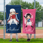 Henkilökohtainen Cartoon Baseball Tennis Character Quick Dry Ylimitoitettu rantapyyhe, jossa on nimi ja alkukirjaimet Kesäloma-allasjuhlalahja urheilun ystäville