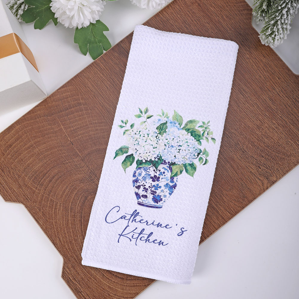 Torchon gaufré en porcelaine bleu et blanc avec texte Hortensia personnalisé Cadeau de mariage pour elle