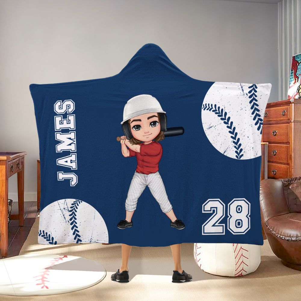 Couverture à capuche personnalisée avec nom Softball Baseball Cartoon Character Game Day Birthday Gift for Ball Lovers