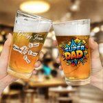 Personalized Super Dad Fist Bump 16 oz Clear Beer Glass with 1-6 Kids Names Father's Day Birthday Gift for Dad Beer Lovers