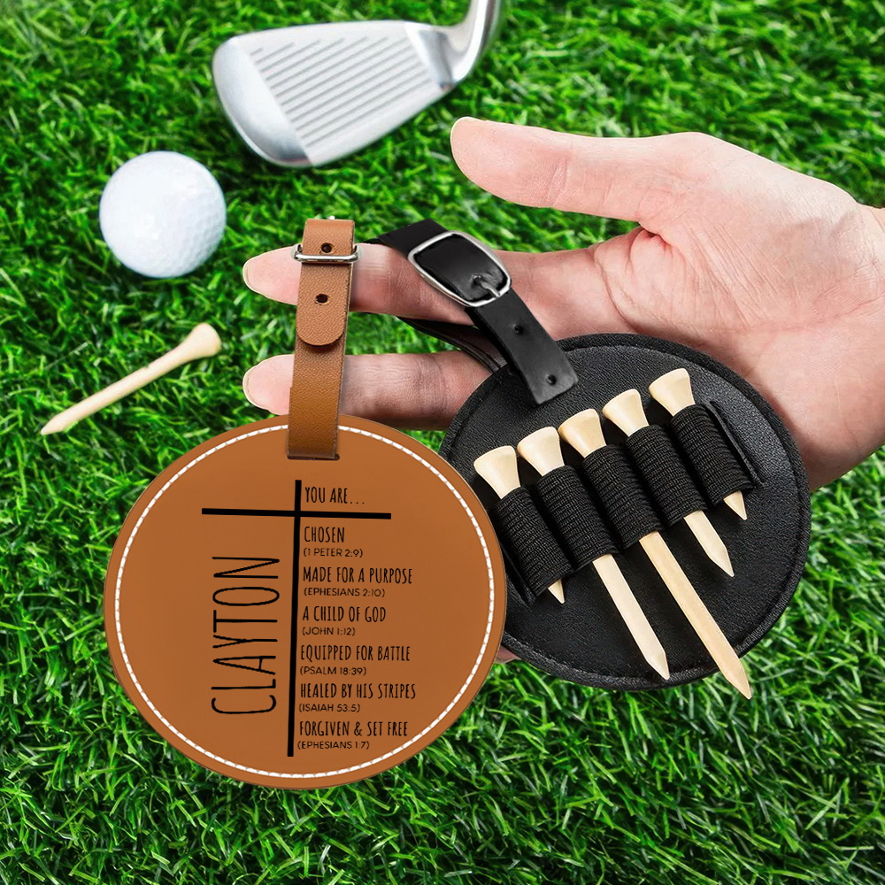 Sac de golf en cuir PU avec étiquette et porte tee avec nom Accessoire de golf Cadeau d'anniversaire pour joueur de golf Chrétien Lover