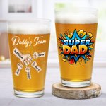 Personalized Super Dad Fist Bump 16 oz Clear Beer Glass with 1-6 Kids Names Father's Day Birthday Gift for Dad Beer Lovers