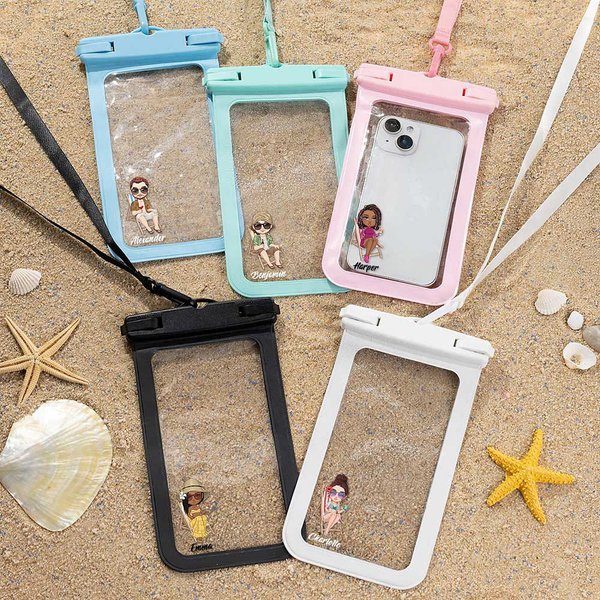 Personalized Summer Beach Cartoon Character Waterproof Phone Pouch with Name and Lanyard Water Activities Accessories Birthday Gift for Family Friends