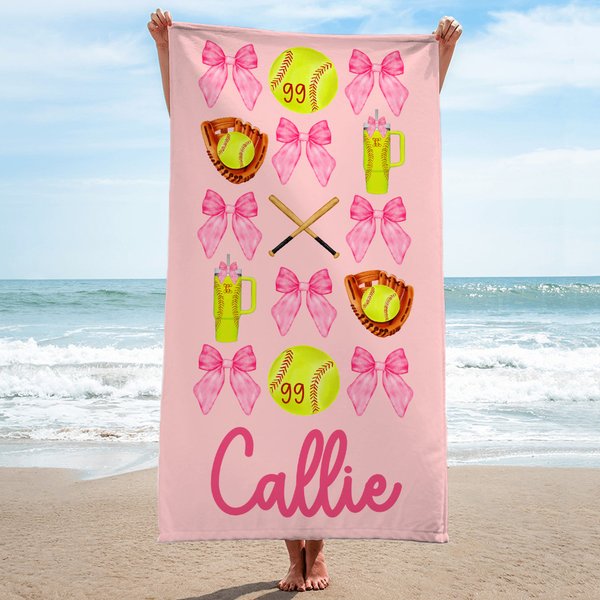 Personalized Coquette Bow Softball Baseball Oversized Quick Dry Beach Towel with Name Summer Vacation Accessory Birthday Gift for Sports Lover Girls