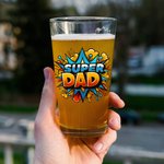Personalized Super Dad Fist Bump 16 oz Clear Beer Glass with 1-6 Kids Names Father's Day Birthday Gift for Dad Beer Lovers