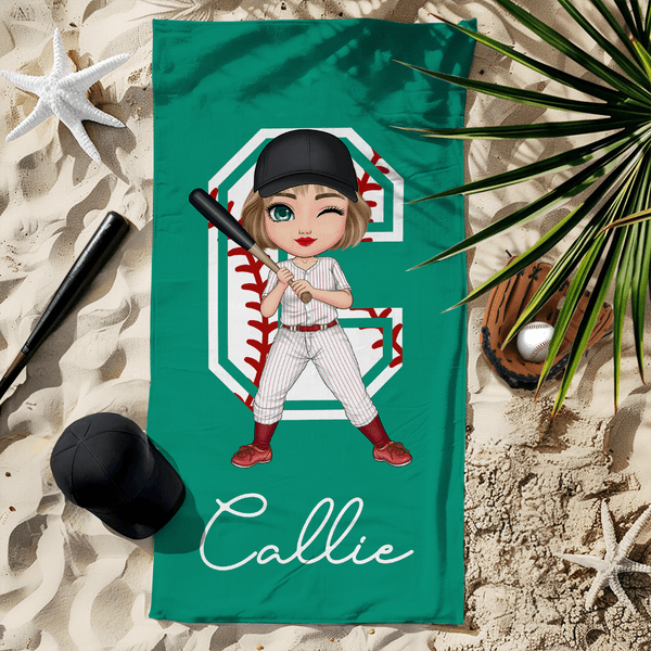 Personalizzato Cartoon Baseball Tennis Character Quick Dry Oversized Beach Towel con nome e iniziali Summer Vacation Pool Party Gift for Sports Lovers