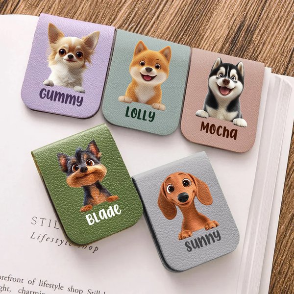 Personalized 3D Cartoon Dog Magnetic Leather Bookmark Clip with Name Reading Accessories Birthday Gift for Family Friends Pet Lovers