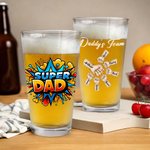 Personalized Super Dad Fist Bump 16 oz Clear Beer Glass with 1-6 Kids Names Father's Day Birthday Gift for Dad Beer Lovers