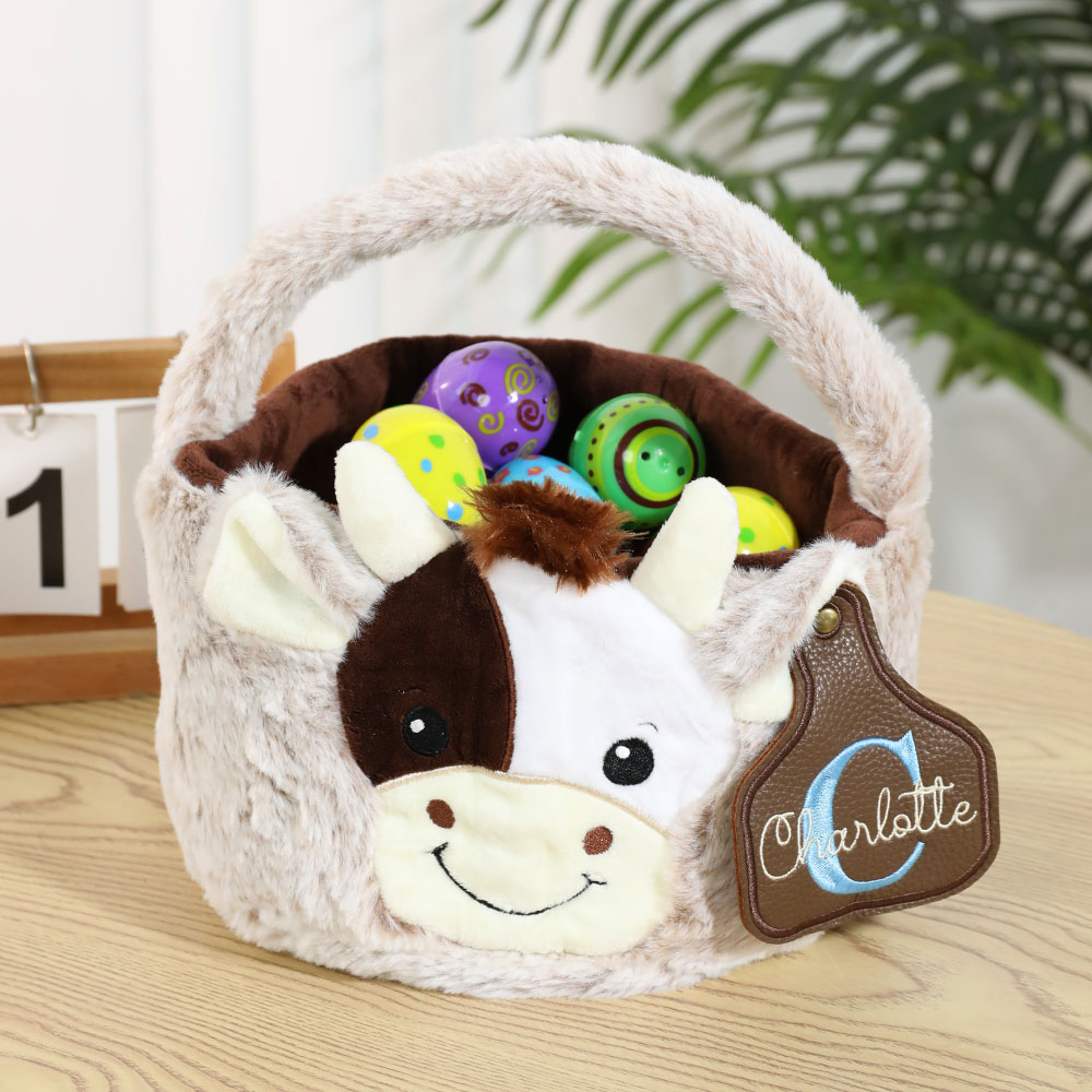 Panier en peluche avec étiquette en cuir Cadeau d'anniversaire pour les enfants Amoureux des vaches