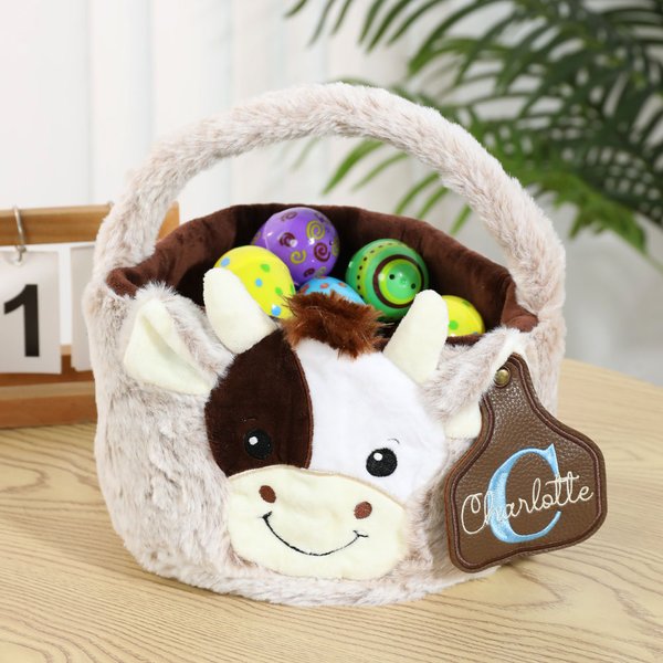 Personalised Adorable Cow Embroidery Initial Name Plush Basket with Leather Tag Birthday Children's Day Gift for Kids Cow Lovers