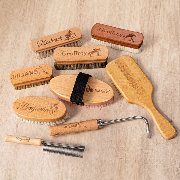 Personalized Engraved Wooden Brush Comb Hoof Pick Horse Grooming Kit with Name 9 Pcs Equine Care Supplies Equestrian Gift for Horse Trainers Lovers