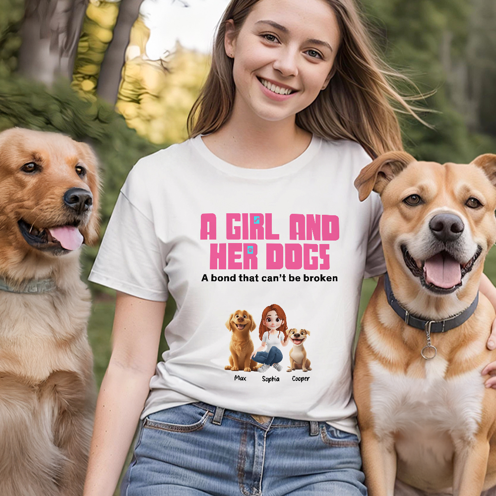 Personnalisé Unbreakable Bond 3D Cartoon Girl and Her Dog 100% Cotton Kid Adult T-shirt with Name Birthday Gift for Girls Pet Lovers (Cadeau d'anniversaire pour les filles aimant les animaux)