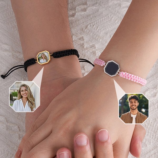Bracelet Tressé Personnalisé avec Photo et Texte Gravé Cadeau Anniversaire pour Amis Couple