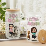 Personalized Dog Mom 3D Cartoon Character and 1-4 Dogs 20 oz Frosted Glass Cup with Lid and Straw Birthday Gift for Women Dog Lovers