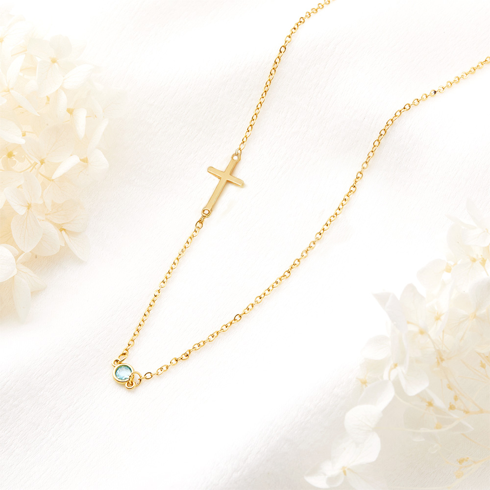 Collier croix latérale personnalisée avec pierres de naissance Cadeau d'anniversaire de communion chrétienne pour femmes