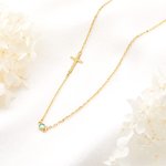 Personligt halsband med sidokors och födelsestenar Alla hjärtans dag Smycken Kommunion Kristen Jubileumspresent för kvinnor