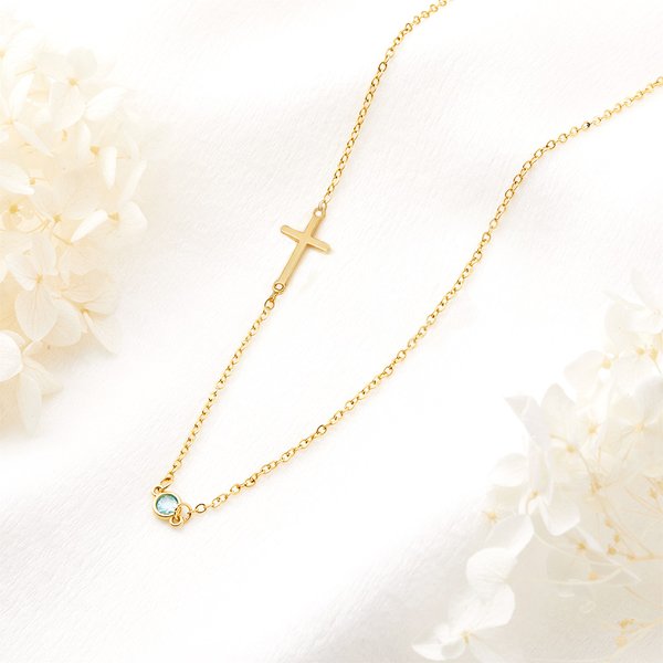 Personligt halsband med sidokors och födelsestenar Alla hjärtans dag Smycken Kommunion Kristen Jubileumspresent för kvinnor