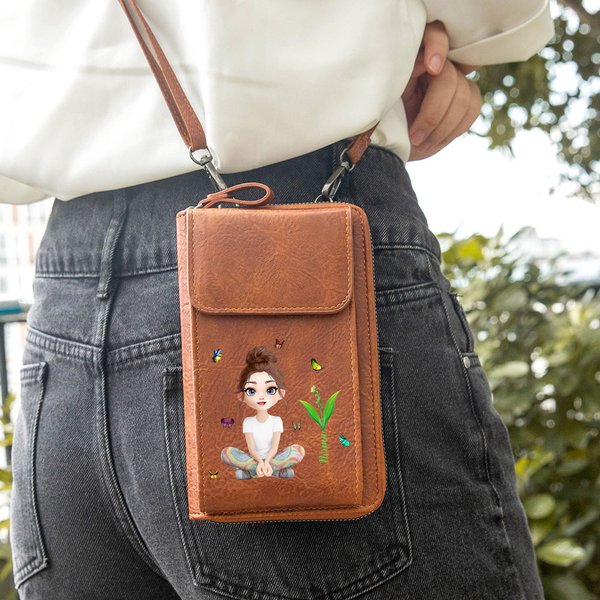 Personalized 3D Cartoon Girl Birth Flower Leather Phone Wallet Crossbody Bag with Name Portable Travel Essentials Birthday Gift for Women