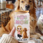 Personalized Dog Mom 3D Cartoon Character and 1-4 Dogs 20 oz Frosted Glass Cup with Lid and Straw Birthday Gift for Women Dog Lovers