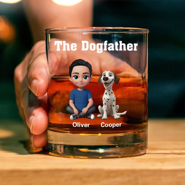 Personalized The Dogfather 3D Cartoon 10 oz Whiskey Glass with Name and 1-4 Dogs Father's Day Birthday Gift for Dog Owners Wine Lovers