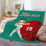 Personalized Softball Baseball Cartoon Character Soft Throw Blanket with Name and Number Home Decor Birthday Gift for Sport Lovers