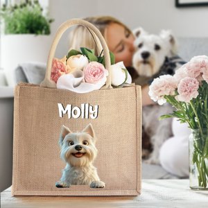 Personalised 1-3 Cute 3D Cartoon Dogs Large Jute Tote Bag with Names Travel Essential Birthday Gift for Women Pet Lovers