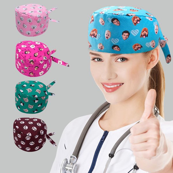 Calot Chirurgical Multicolore Personnalisé Os Patte Cœur et Photos de Visage Cadeau d’Anniversaire Remerciement pour Infirmière Médecin ou Vétérinaire