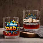 Personalized Super Dad Fist Bump 10 oz Rock Whiskey Glass with 2-7 Names Home Kitchen Accessories Father's Day Birthday Gift for Dad Wine Lovers