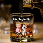 Personalized The Dogfather 3D Cartoon 10 oz Whiskey Glass with Name and 1-4 Dogs Father's Day Birthday Gift for Dog Owners Wine Lovers