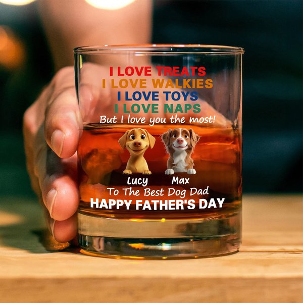 Personalisierte Happy Father's Day Whiskey Glas mit Namen und 1-4 Hunde Home Kitchen Decor Vatertag Geburtstag Geschenk für Hundehalter Weinliebhaber