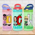 Personalized Cartoon Character Apple Pencil Initial 12 oz Insulated Kid Water Bottle with Name and Straw Back to School Birthday Gift for Boys Girls
