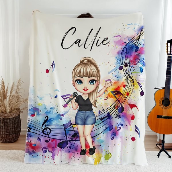 Personalized 1-2 Cartoon Characters Music Score Soft Throw Blanket with Names Home Decor Birthday Gift for Women and Music Lovers