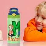 Personalized Cartoon Character Apple Pencil Initial 12 oz Insulated Kid Water Bottle with Name and Straw Back to School Birthday Gift for Boys Girls