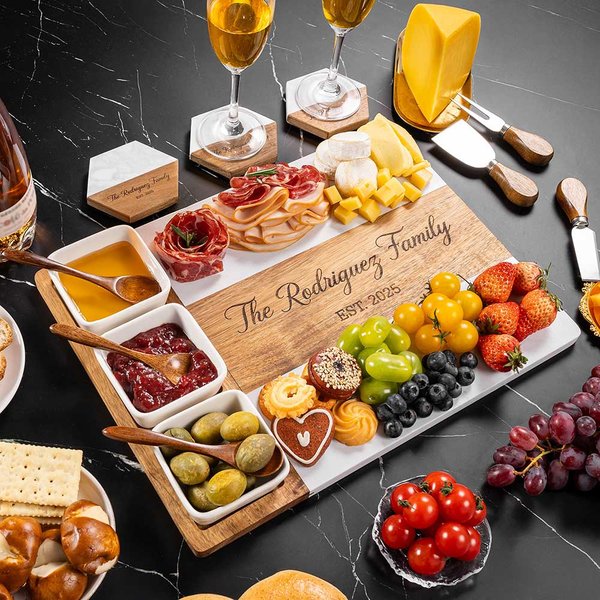 Personalized Engraved Name Date Acacia Marble Cutting Board Coaster Set with Ceramic Bowl Wooden Spoon Housewarming Gift for Family