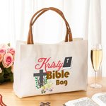 Personalised Floral Cross Bible Large Canvas Tote Bag with Name and Leather Handle Travel Accessories Religious Ceremonies Gift for Women Christian