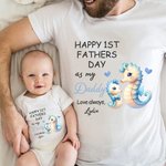 Personalized Cute Seahorse Hedgehog Family Animals 100% Cotton Baby Bodysuit Matching T-shirt with Name First Father's Day Gift for Dad Newborn