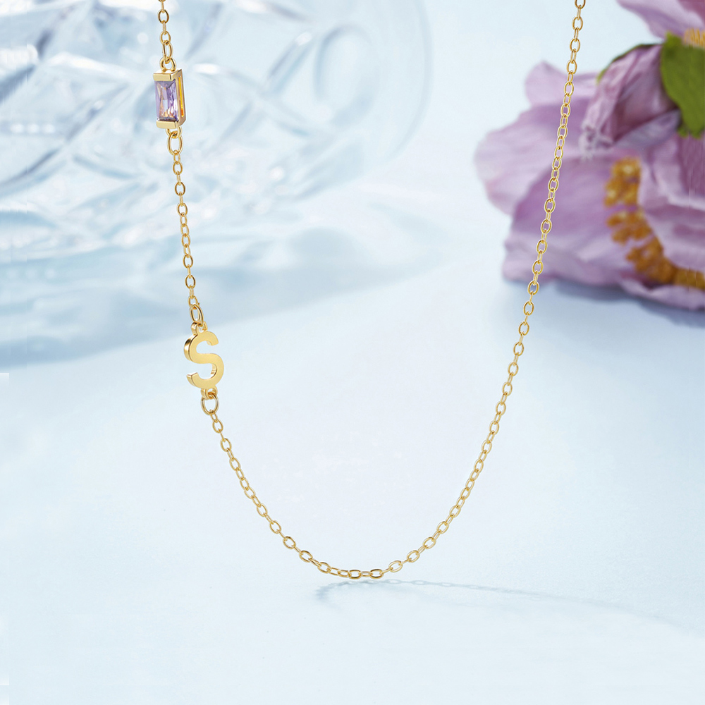 Collier Baguette Personnalisé avec Initiales et Pierres de Naissance Collier Minimaliste Anniversaire Fête des Mères Cadeau pour Femme