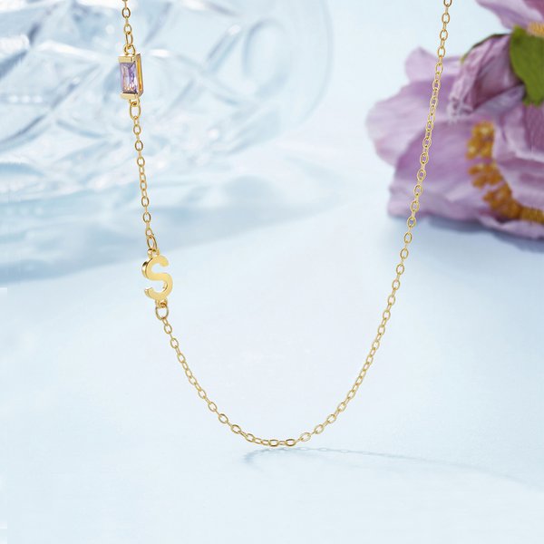 Personalized Baguette Birthstone and Initial Sideway Necklace Minimalist Jewellery Birthday Anniversary Mother's Day Gift for Women