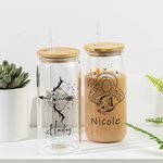 Personalized Zodiac Sign Flower Name 20 oz Can Shaped Glass Cup with Bomboo Lid and Straw Wedding Birthday Gift for Women