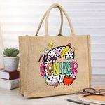 Personalized Pencil Apple Spotted Initial Large Jute Tote Bag with Name Teacher's Day Appreciation Birthday Gift for Teacher