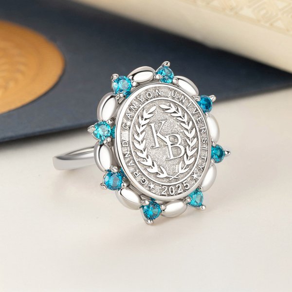 Personalised Birthstone Initial Engraved College Signet Ring with Year and School Name High School University Graduation Gift for Graduates