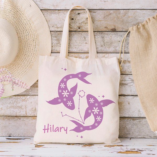 Personalized  Zodiac Sign Flower Canvas Reusable Tote Bag with Name Travel Essentials Graduation Birthday Gift for Women