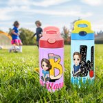 Personalized Cartoon Character Apple Pencil Initial 12 oz Insulated Kid Water Bottle with Name and Straw Back to School Birthday Gift for Boys Girls