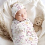 Personalised Cute Princess Castle Butterfly Soft Throw Blanket Swaddle and Knot Hat with Name Baby Shower Birthday Gift for Newborns
