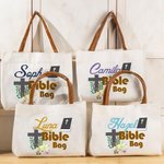 Personalised Floral Cross Bible Large Canvas Tote Bag with Name and Leather Handle Travel Accessories Religious Ceremonies Gift for Women Christian