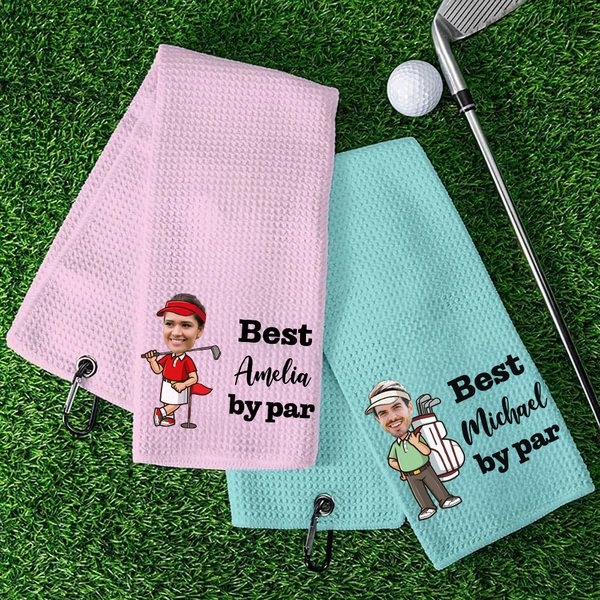 Personalized Funny Cartoon Golf Player Face Photo Absorbent Waffle Sport Towel with Name and Hanging Clip Gym Workout Birthday Gift for Golf Lover